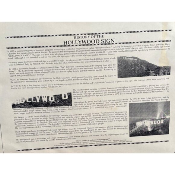 Authentic Hollywood Sign Piece Plaque With Certificate Of Authenticity In Black - Picture 7 of 12